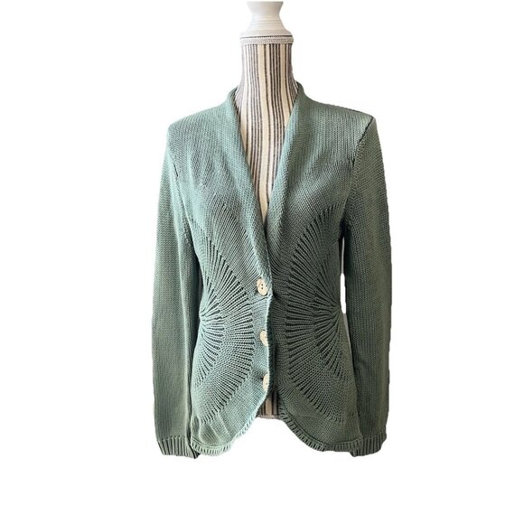 Isabella Bird Green 100% Cotton Soft Button Up Knit Blazer Cardigan Size Medium - Picture 1 of 5